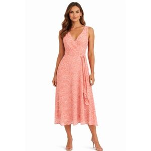 DKNY Womens 6 Coral Pink Abstract Print Faux Wrap Chiffon Midi Dress Sleeveless
